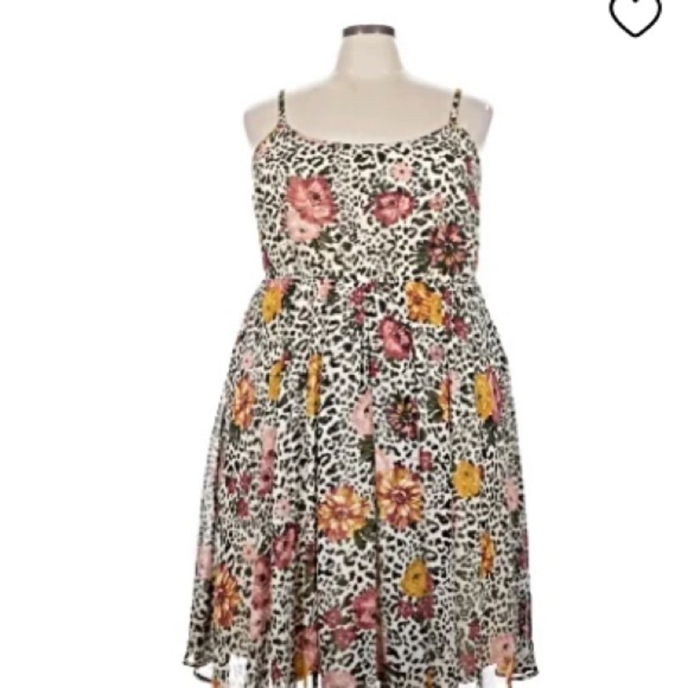 torrid Floral & Leopard Print Spaghetti Strap Dress — White, Black, Pink, Yellow